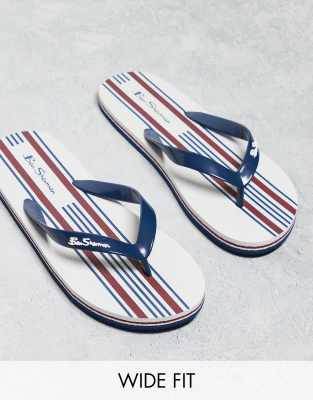 Ben Sherman Ben Sherman wide fit striped print flip flops in white/red/navy-Multi