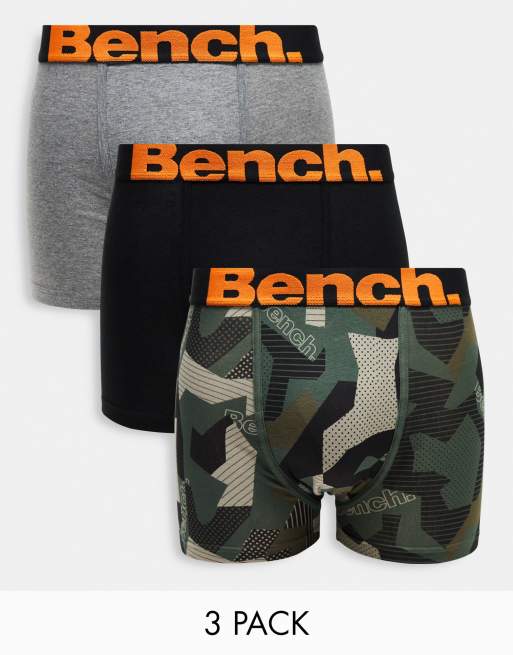 Bench 3 pack boxer with logo waist in khaki camo, charcoal marl and black