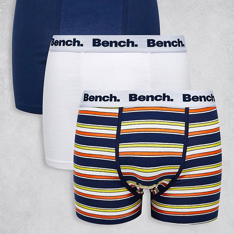 Bench 3 pack boxer with logo waist in navy stripes, navy and white | ASOS