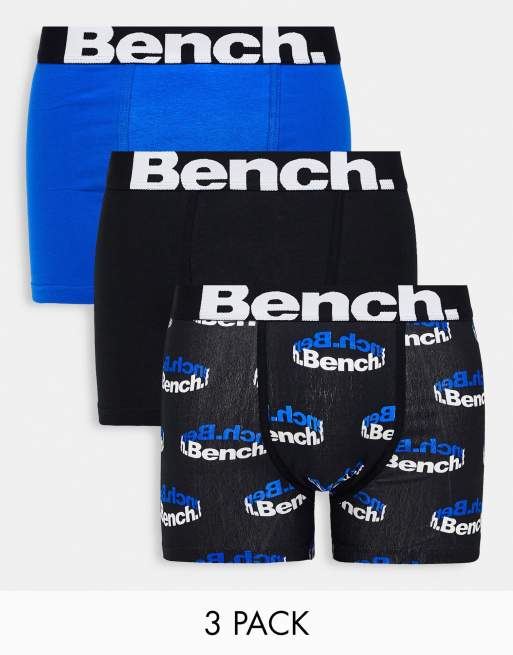 Bench 3 pack boxers with logo waist in black print, black and royal blue