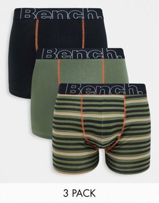 Bench 3 pack oversized logo boxers with jaquard waistband in khaki and black solids and stripes