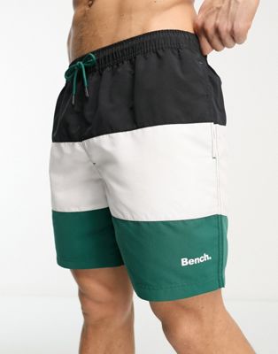 Bench long length colourblock swim shorts in black, white and green
