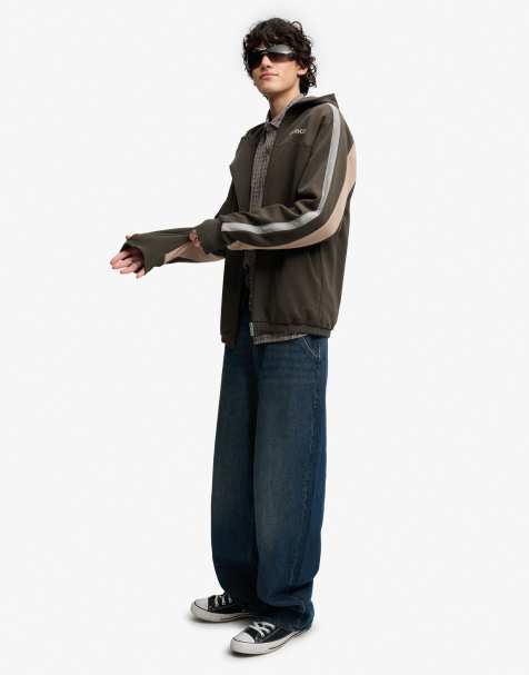 Bench x Superdry & Co Double zip hooded stripe sweatshirt in black olive/ dune/ moonmist - view 1