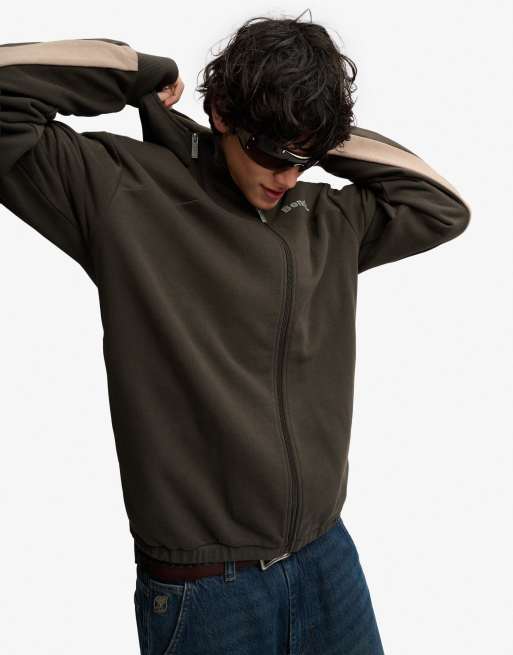 Bench x Superdry & Co Double zip hooded stripe sweatshirt in black olive/ dune/ moonmist, 3 of 7