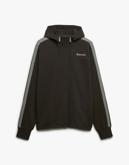 Bench x Superdry & Co Double zip hooded stripe sweatshirt in black olive/ dune/ moonmist, 6 of 7