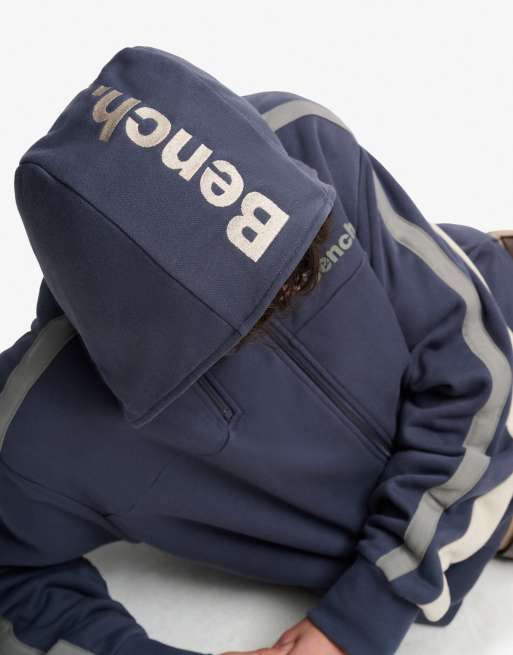 Bench x Superdry & Co Double zip hooded stripe sweatshirt in crt navy/ moonbeam/ moonmist, 3 of 6