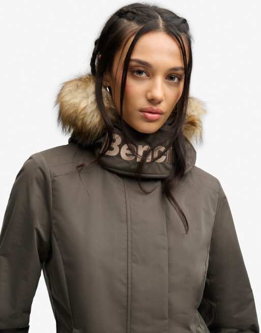 Bench x Superdry & Co Faux fur hooded windcheater jacket in black olive/ dune, 3 of 6