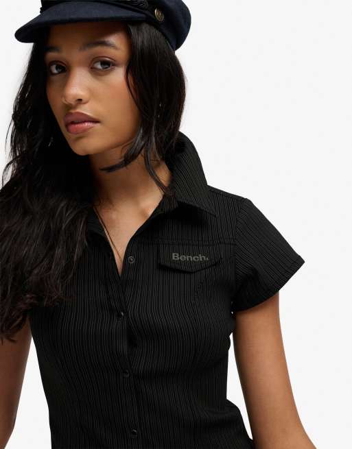Bench. x Superdry & Co – Figurbetontes, kurzärmliges Hemd in Anthrazit und Moonmist gestreift, 2 von 7