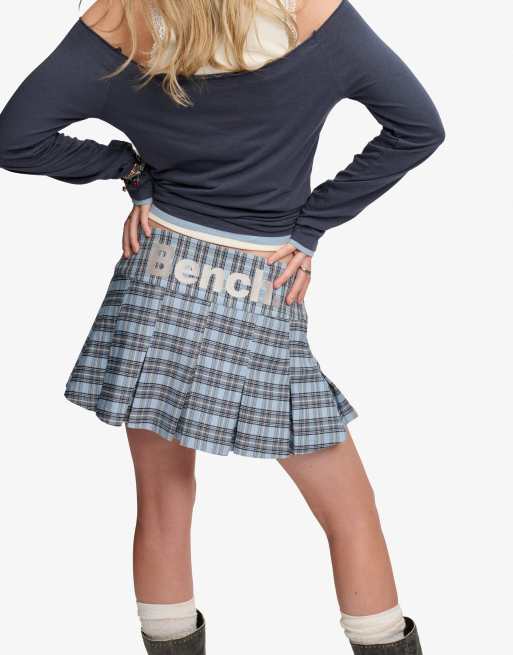 Bench x Superdry & Co Logo pleated check mini skirt in blue moody check/ moonbeam, 3 of 6