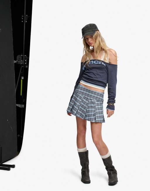 Bench x Superdry & Co Logo pleated check mini skirt in blue moody check/ moonbeam, 4 of 6