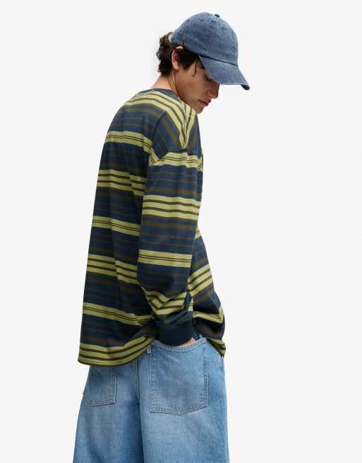 Bench x Superdry & Co Oversized stripe long sleeve top in olive navy stripe, 3 of 5