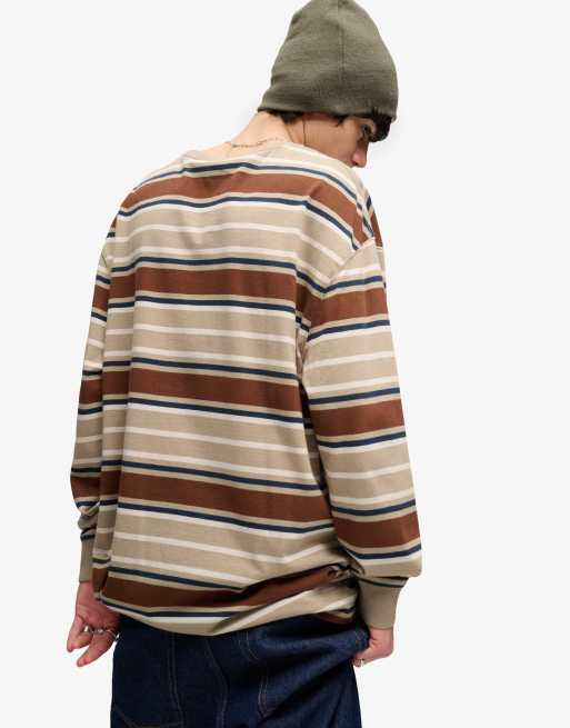 Bench x Superdry & Co Oversized stripe long sleeve top in tan navy stripe, 3 of 5