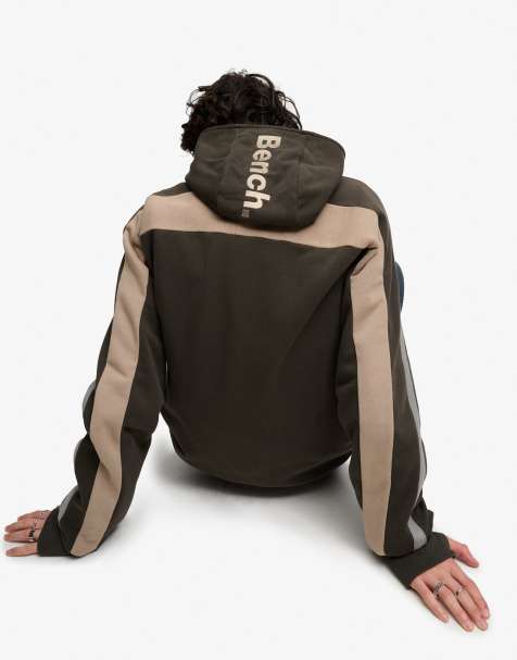 Bench. x Superdry & Co – Sweatshirt in Black Olive/Dune/Moonmist mit Streifen, Zweiwege-Reißverschluss und Kapuze - view 1