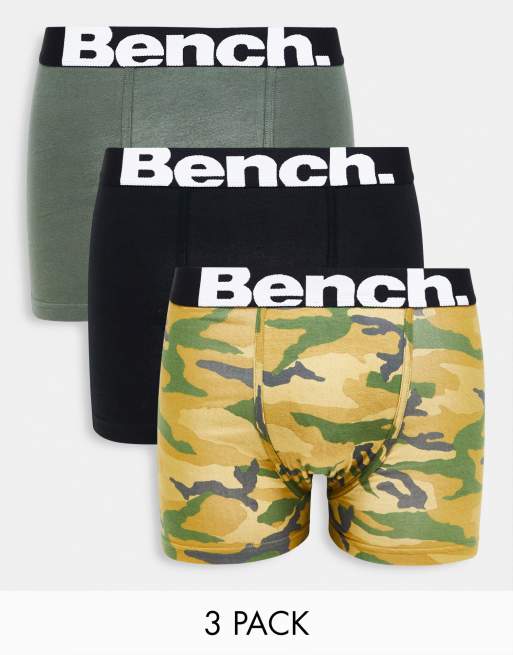 Bench – Zestaw 3 par bokserek z logo w talii ze wzorem moro, czarne i w kolorze khaki