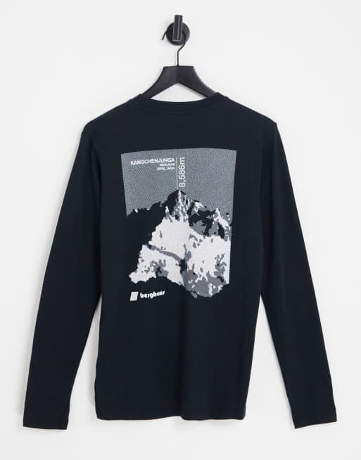 Berghaus - Dean Street - Maglietta a maniche lunghe unisex nera con stampa di montagna Kanchenjunga Static sul retro