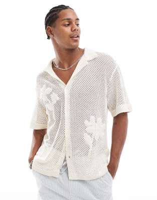 Berhska crochet embossed floral shirt in ecru-Neutral