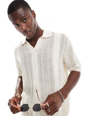 Berhska crochet striped polo shirt in white