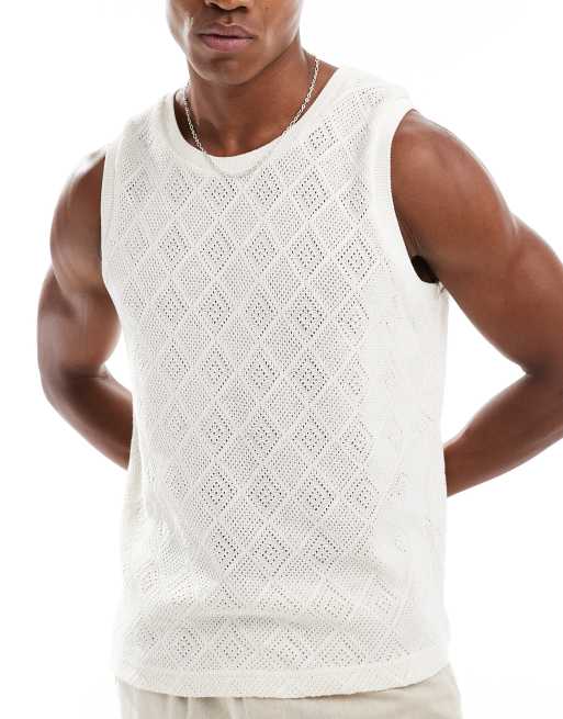 Berhska diamond crochet tank top in white