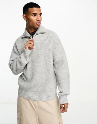 Bershka 1/4 zip knitted jumper in grey - ASOS Price Checker