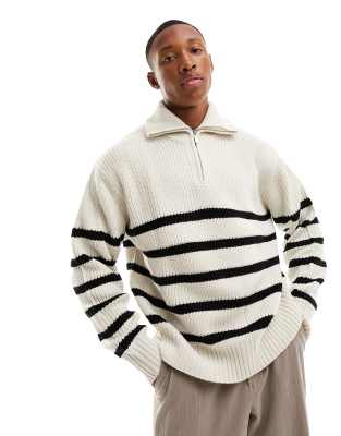 Bershka 1/4 Zip Knitted Sweater In White