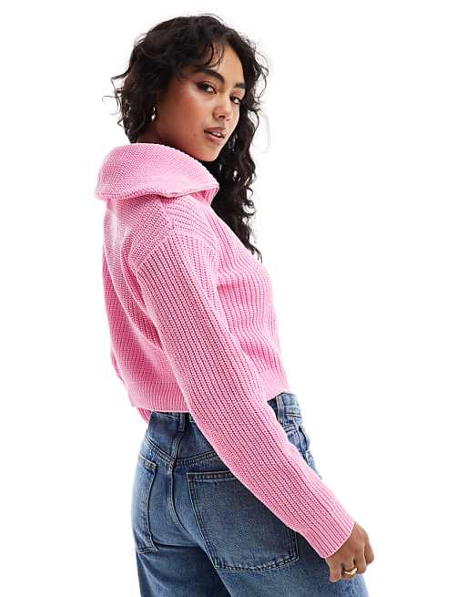 Bershka 1/4 zip ribbed knitted sweater in pink | ASOS Bershka 1/4 zip ribbed knitted sweater in pink | ASOS