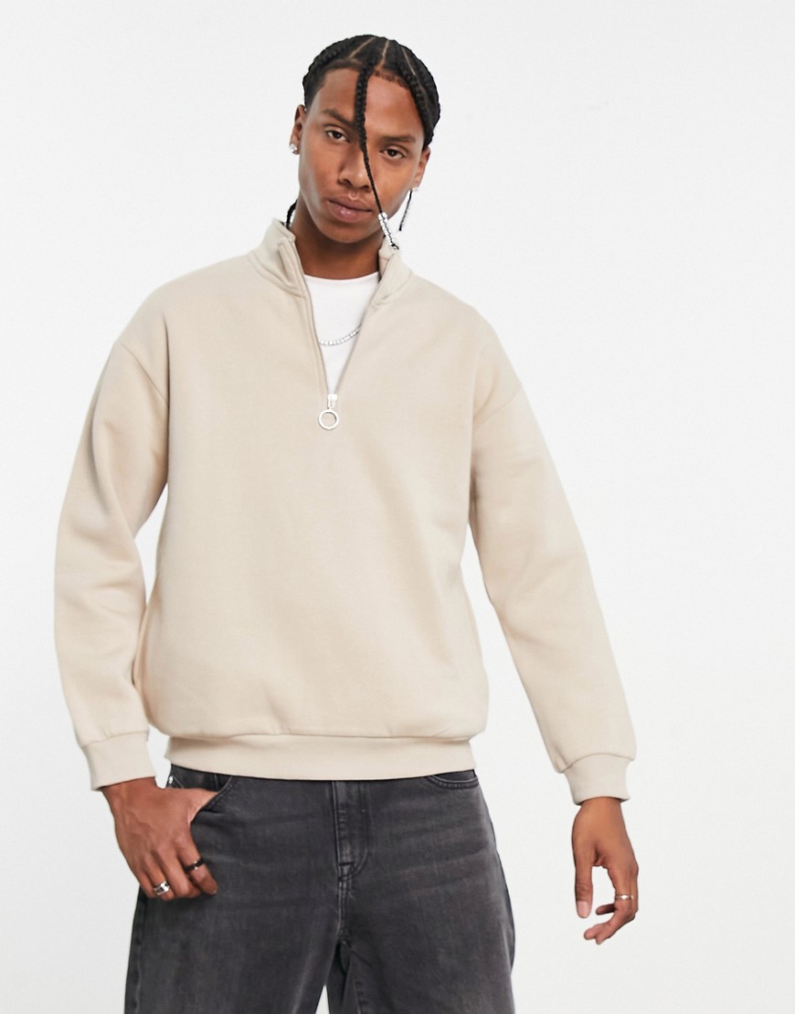 Bershka 1/4 zip sweatshirt in beige exclusive at ASOS-Neutral