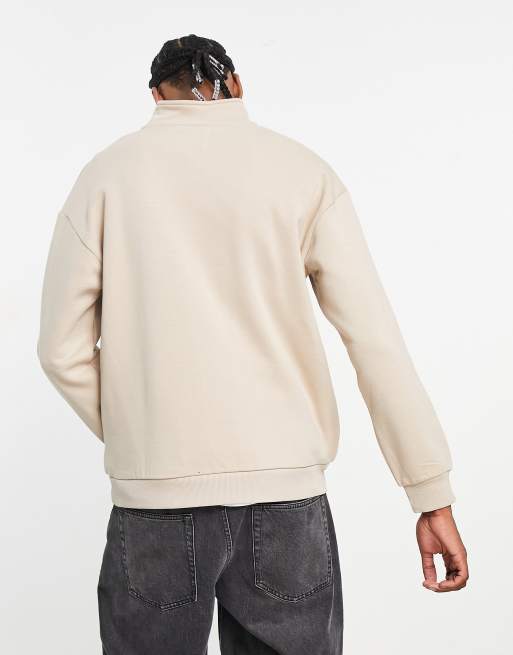 Bershka 1/4 zip sweatshirt in beige exclusive at ASOS | ASOS