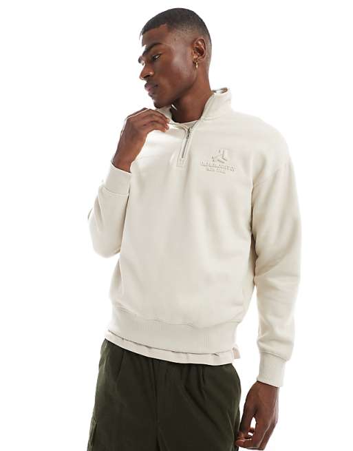 Bershka 1/4 zip sweatshirt with emboss print in ecru | ASOS Bershka 1/4 zip sweatshirt with emboss print in ecru | ASOS