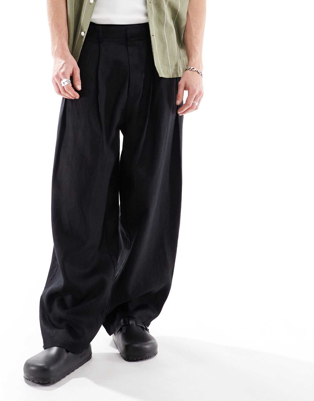 Bershka 100% linen tailored trouser in black