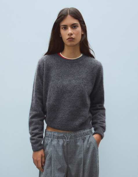 Bershka 100% uldtrøje med rund hals i grå - view 1