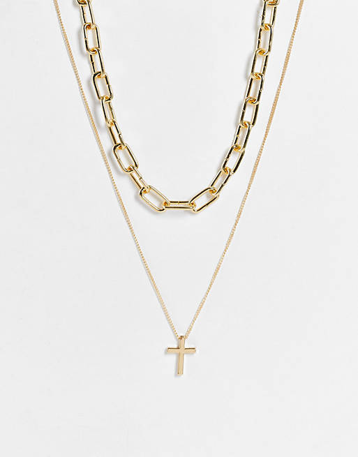 Bershka 2 pack chain cross necklace in gold