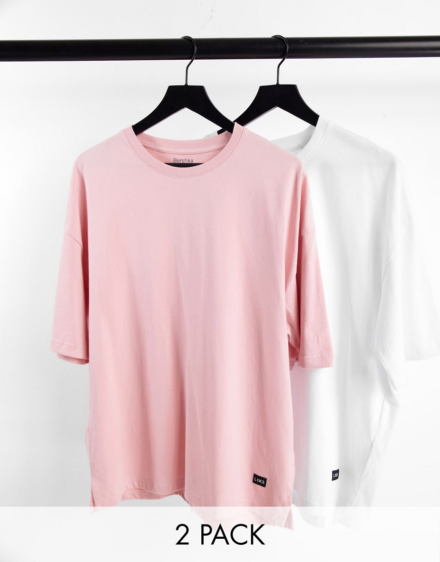 Bershka 2 pack oversize t-shirts in white and light pink-Multi