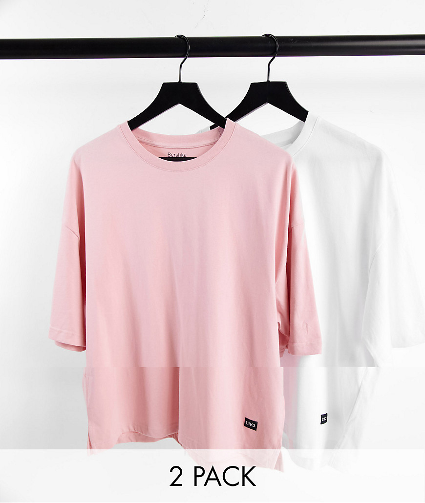 Bershka 2-pack oversized T-shirts in white and light pink-Multi