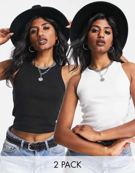 Bershka 2 pack ribbed cropped racer singlet in black & white - view 1