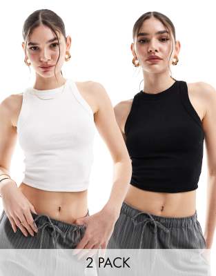 Bershka 2 pack ribbed racer neck top in black & white