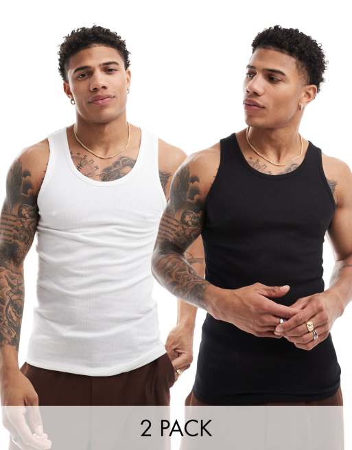 Bershka 2 pack ribbed singlet in black & white