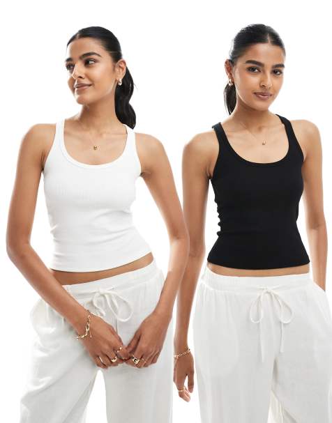 Bershka 2 pack scoop neck ribbed tank top in white and black - view 1