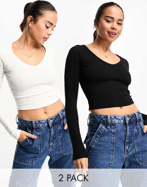 Bershka 2 pack v-neck long sleeve baby tee black & white