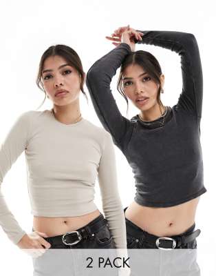 Bershka – 2er-Pack Langärmlige, gerippte Shirts in Anthrazit und Sand