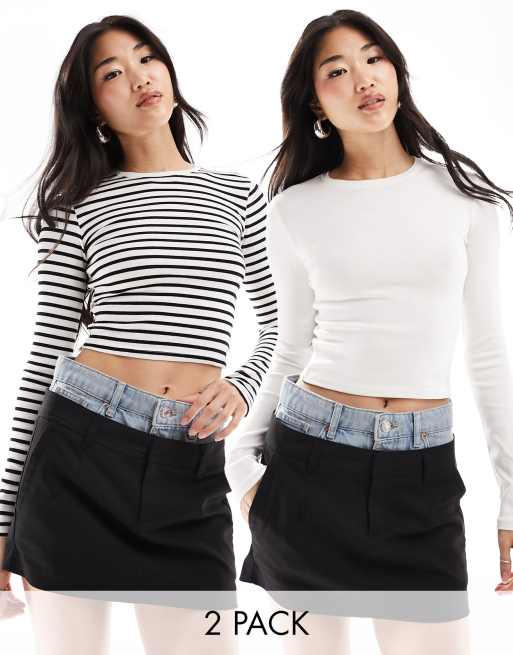Bershka – 2er-Pack langärmlige, gerippte Shirts mit Streifenmuster in Schwarz und Weiß