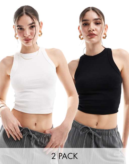 Bershka – 2er-Pack Oberteile in Schwarz und Weiß mit Ringerrücken und Rippenstruktur