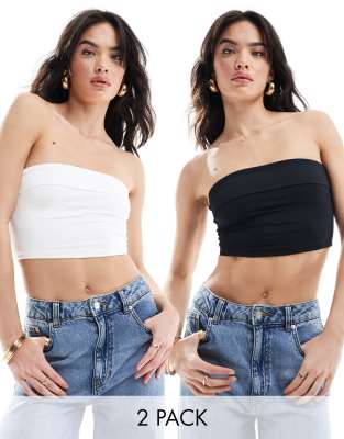 Bershka – 2er-Pack trägerlose Oberteil in Schwarz und Weiß mit Umschlag