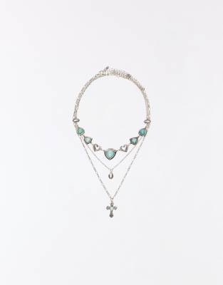 Bershka - 3-lagige Halskette in Silberoptik mit Türkis-Details