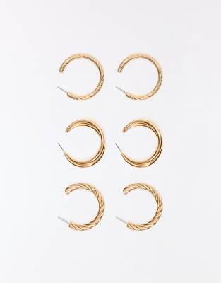 Bershka - 3 Paar geflochtene Creolen in Goldoptik-Goldfarben