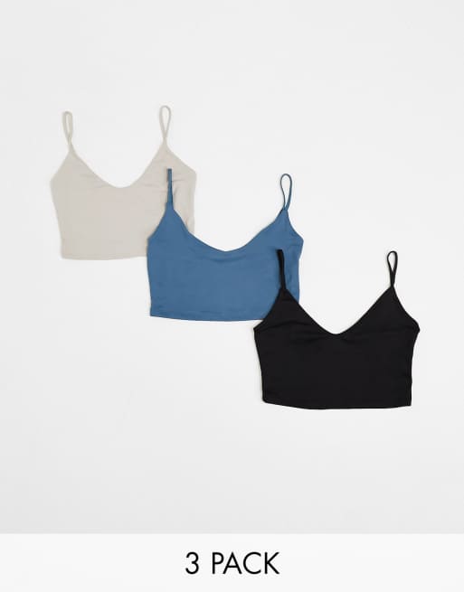 Bershka 3 pack cami crop top in blue, black and sand