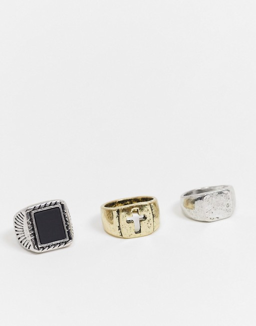 Bershka 3 pack chunky rings in silver and gold