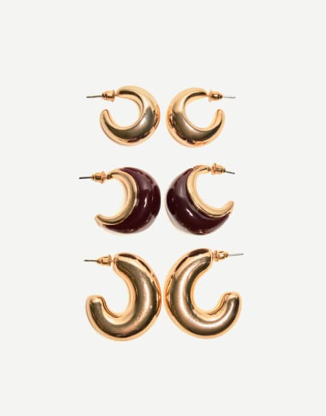 Bershka 3-pack of assorted earrings in gold - view 1