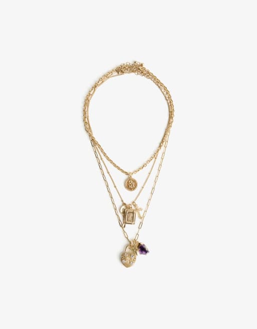 Bershka 3-pack of pendant necklaces in gold
