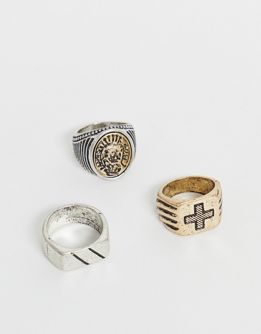 Bershka 3-pack rings in silver and gold