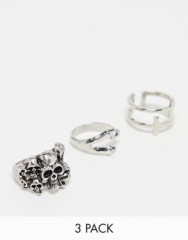 Bershka 3-pack skull rings in silver
